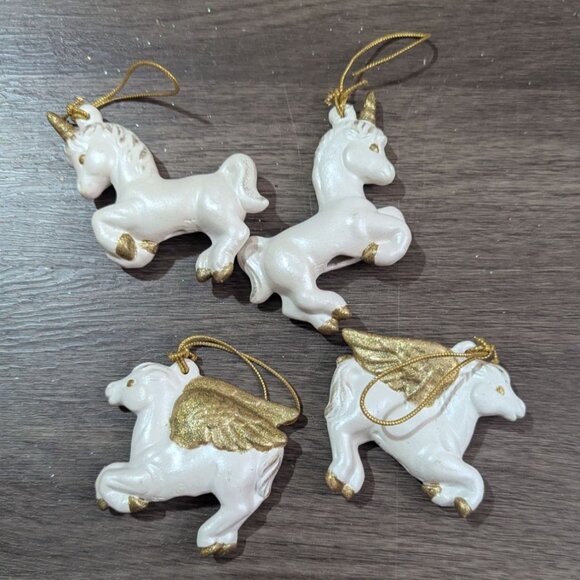 White Unicorn & Pegasus Christmas Ornaments Set Of 4 Glitter Gold Accents 3.5" - Picture 3 of 4